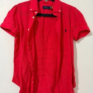 Ralph Lauren Red Short-Sleeve Button-Down Shirt with Navy Pony